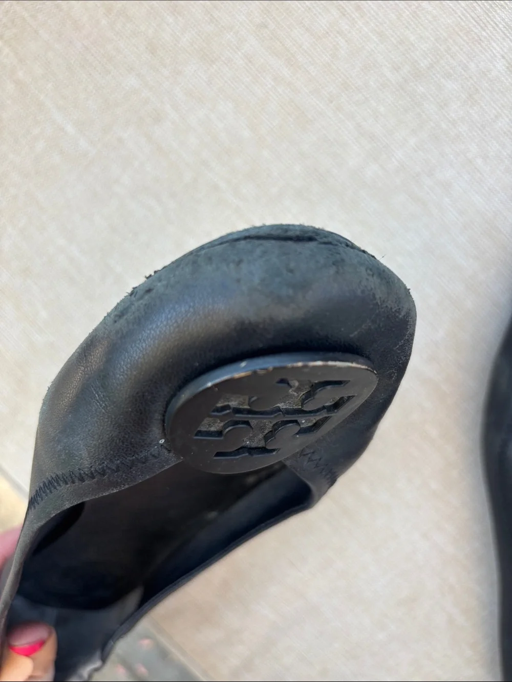 Tory Burch Black Leather Logo Round-Toe Ballet Flats